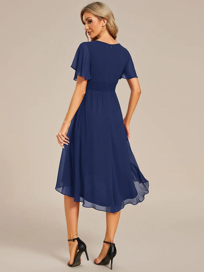 Flowy Chiffon Round Neckline A-Line Knee Length Wedding Guest Dress