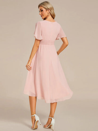 Flowy Chiffon Round Neckline A-Line Knee Length Wedding Guest Dress