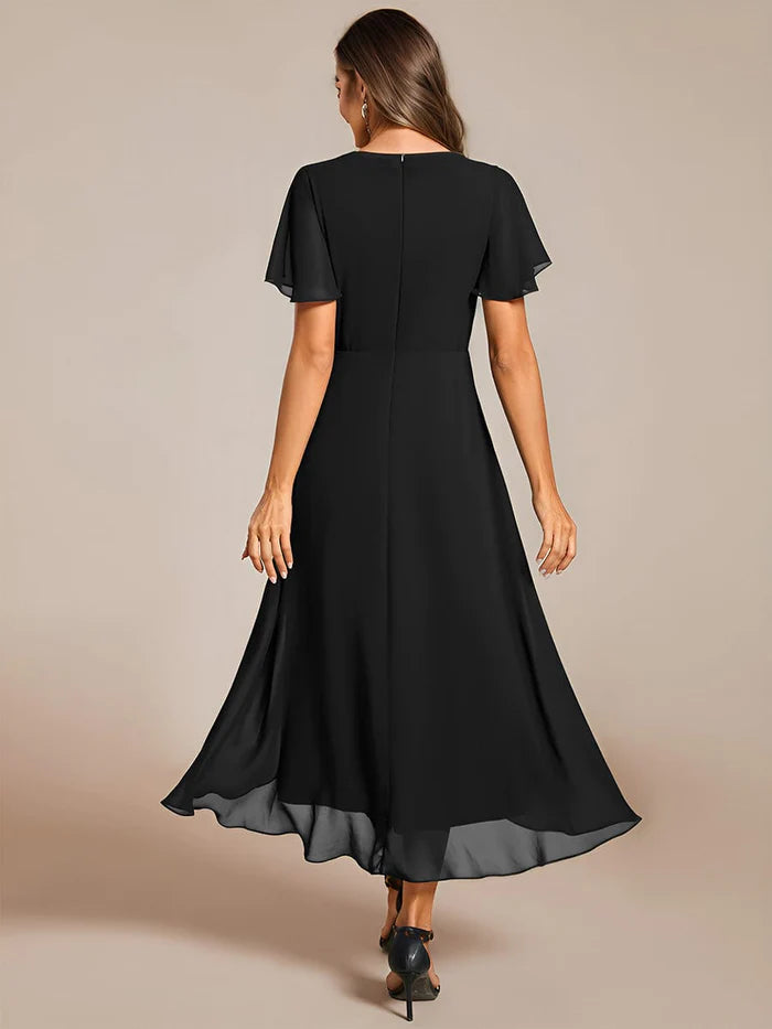 Ruffles Sleeve Pleated V-Neck A-Line Midi Chiffon Wedding Guest Dress