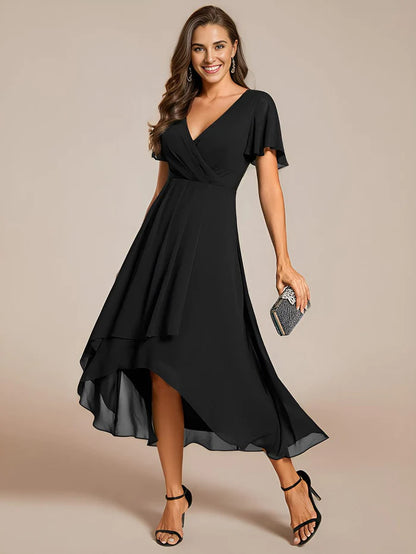 Ruffles Sleeve Pleated V-Neck A-Line Midi Chiffon Wedding Guest Dress