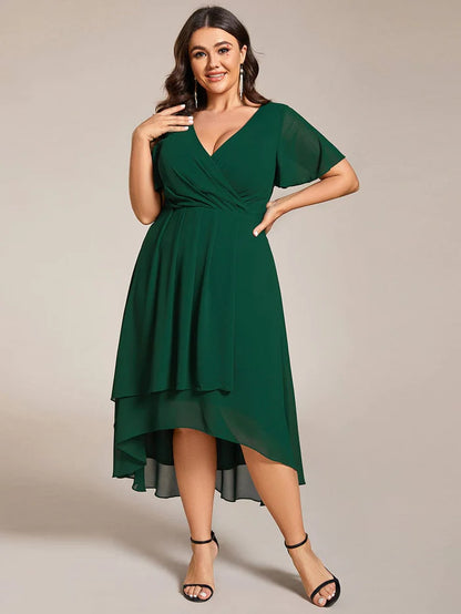 Ruffles Sleeve Pleated V-Neck A-Line Midi Chiffon Wedding Guest Dress