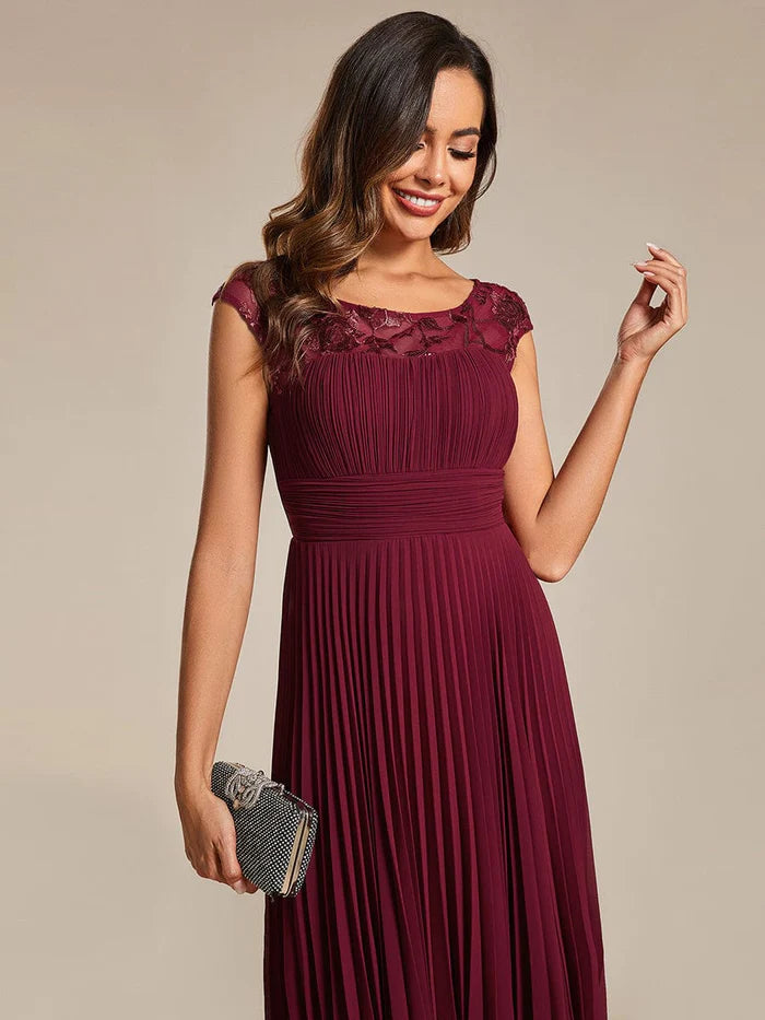 A-Line Pleated Chiffon Wedding Guest Dress with Round Neckline and Cap Sleeves