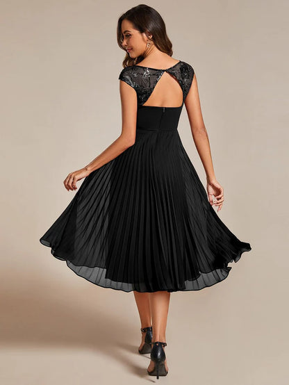 A-Line Pleated Chiffon Wedding Guest Dress with Round Neckline and Cap Sleeves