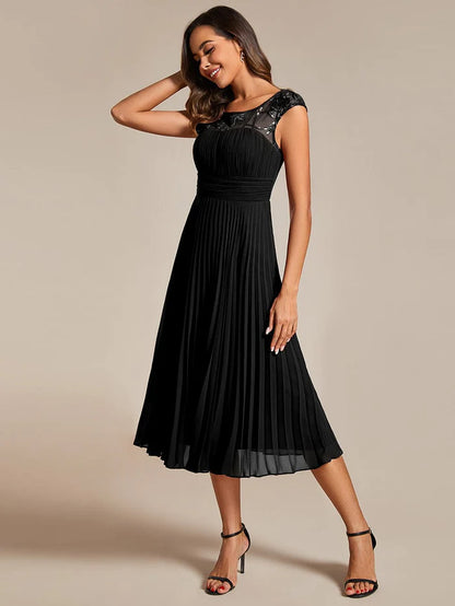 A-Line Pleated Chiffon Wedding Guest Dress with Round Neckline and Cap Sleeves