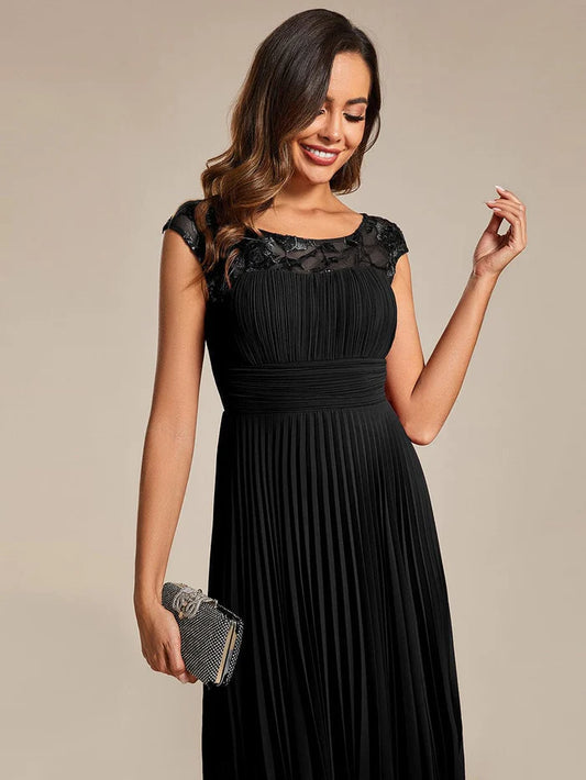 A-Line Pleated Chiffon Wedding Guest Dress with Round Neckline and Cap Sleeves