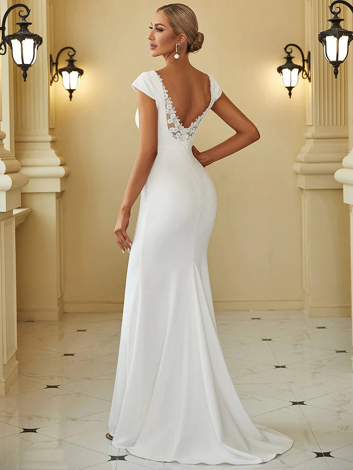 Cap Sleeve Deep V-Neck Backless Fishtail Wedding Dress