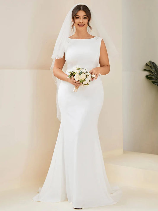 Plus Size Sleeveless Round Neck Bodycon Fishtail Wedding Dress