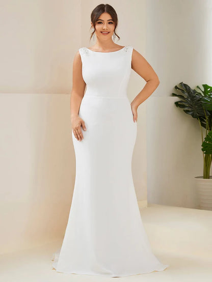 Plus Size Sleeveless Round Neck Bodycon Fishtail Wedding Dress