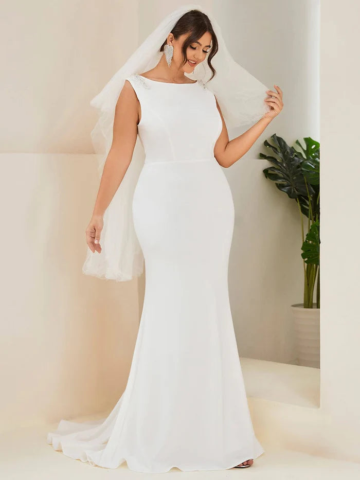 Plus Size Sleeveless Round Neck Bodycon Fishtail Wedding Dress