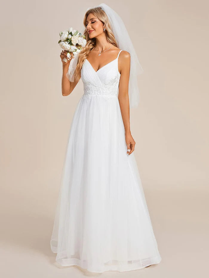 Koutun Spaghetti Straps V-Neck Applique Wedding Dress