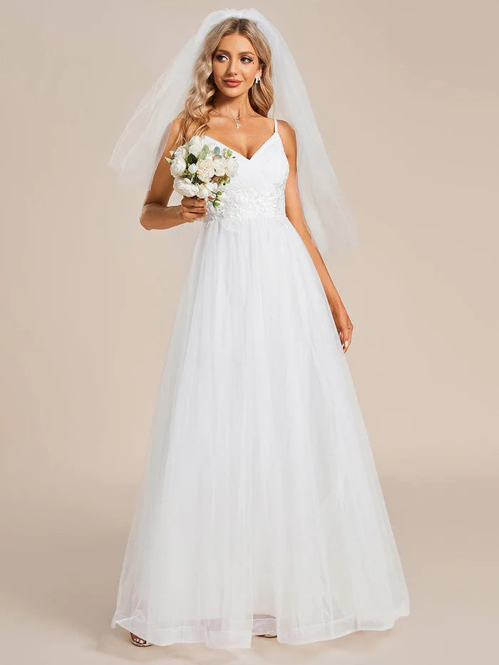 Koutun Spaghetti Straps V-Neck Applique Wedding Dress