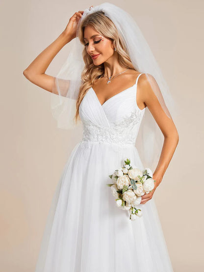 Koutun Spaghetti Straps V-Neck Applique Wedding Dress