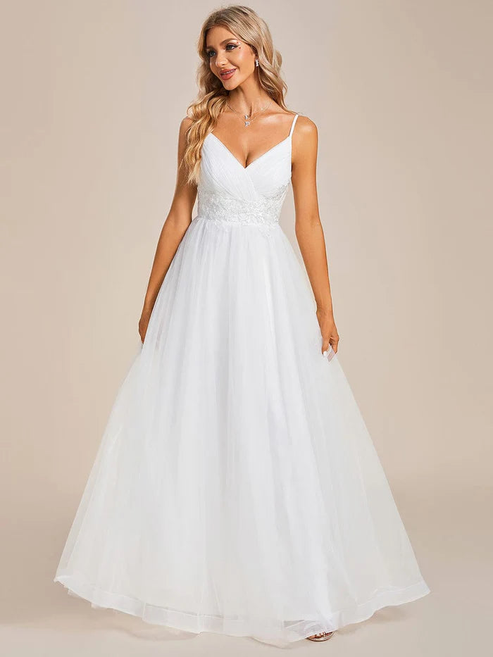 Koutun Spaghetti Straps V-Neck Applique Wedding Dress