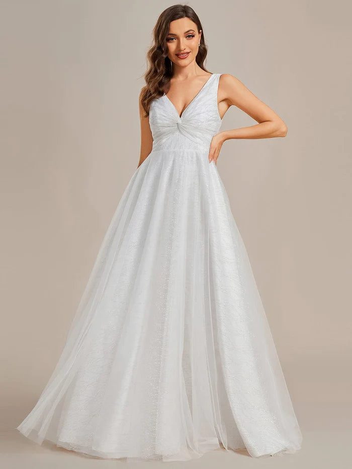 Glittery V-Neck Twisted Tulle A-Line Wedding Dress