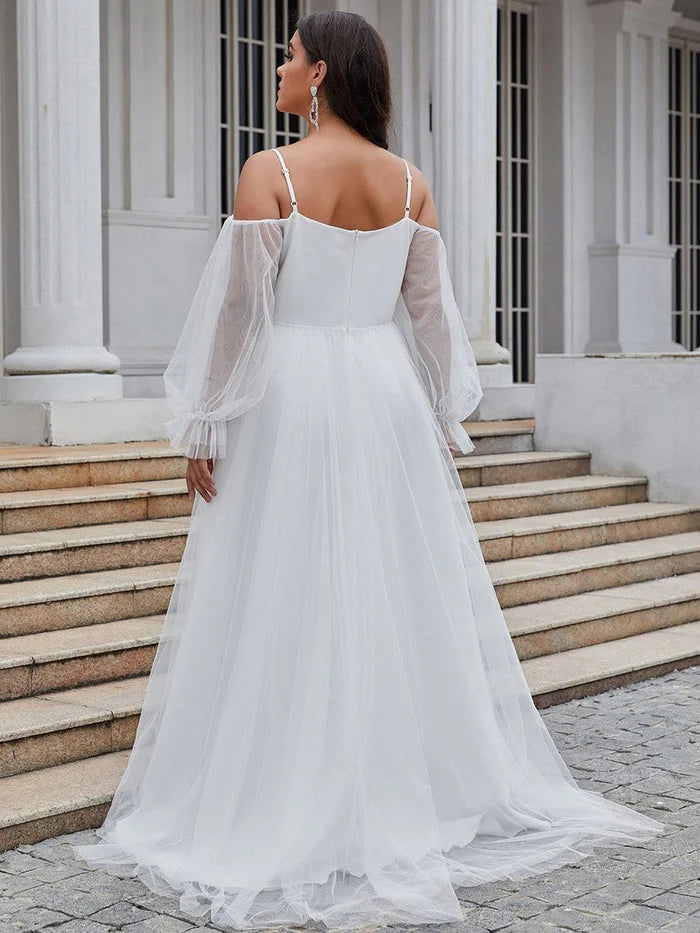 Off Shoulder Sheer Applique Maxi Wedding Dress with Puff Sleeves