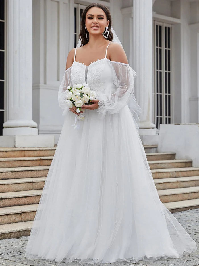 Off Shoulder Sheer Applique Maxi Wedding Dress with Puff Sleeves