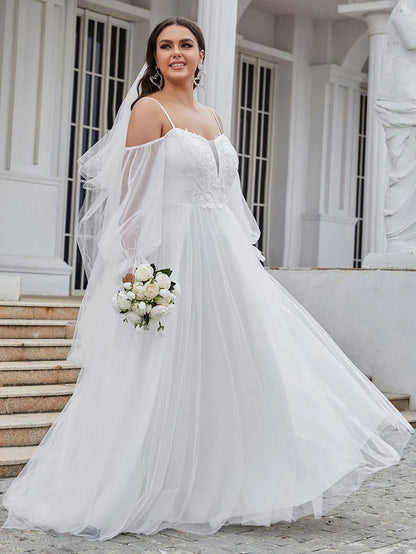 Off Shoulder Sheer Applique Maxi Wedding Dress with Puff Sleeves