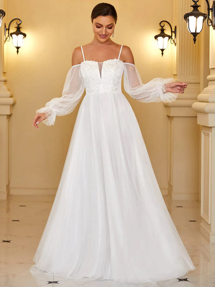 Off Shoulder Sheer Applique Maxi Wedding Dress with Puff Sleeves