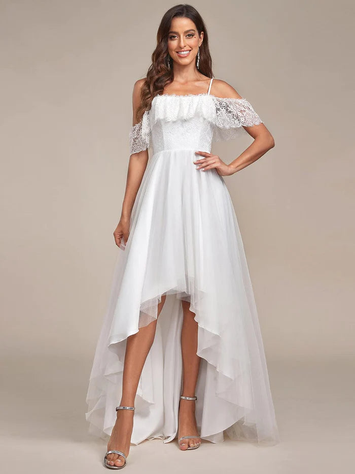 Maxi Long Spaghetti Straps High Low Lace Wedding Dress