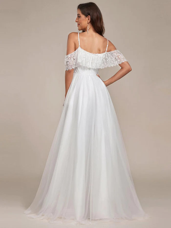 Maxi Long Spaghetti Straps High Low Lace Wedding Dress