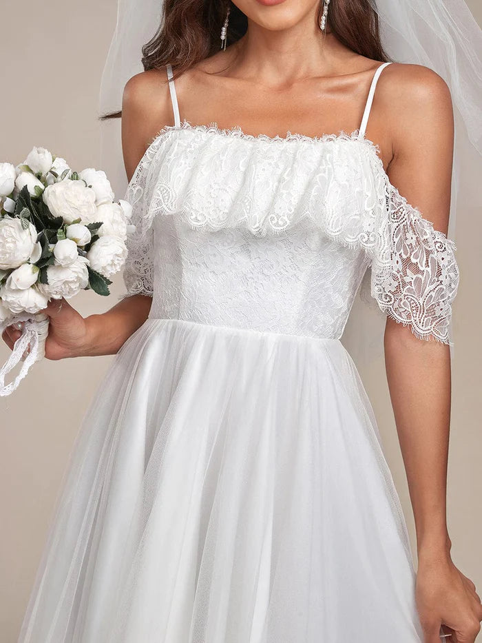 Maxi Long Spaghetti Straps High Low Lace Wedding Dress