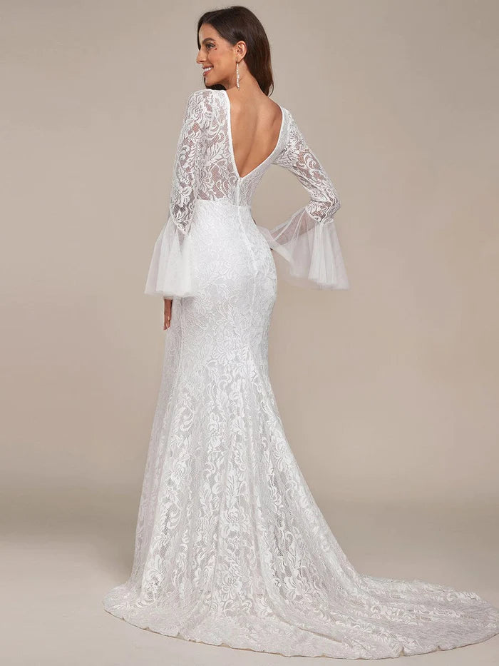 Romantic V Back Mermaid Lace Wedding Dress