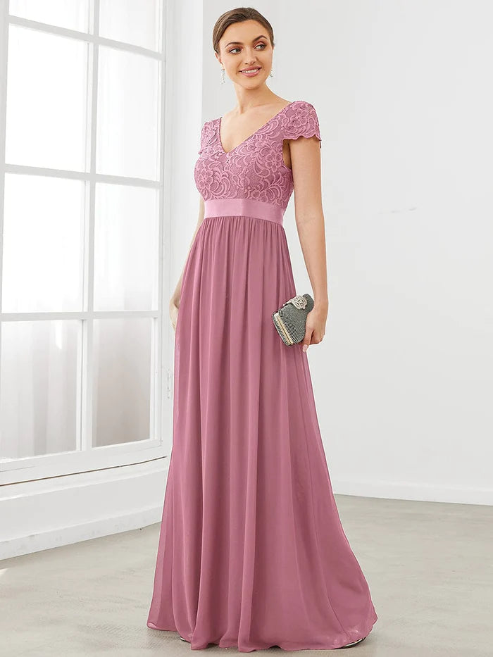 Lace Short Sleeve Maxi Mother of the Bride Dress