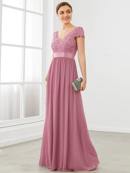 Lace Short Sleeve Maxi Mother of the Bride Dress