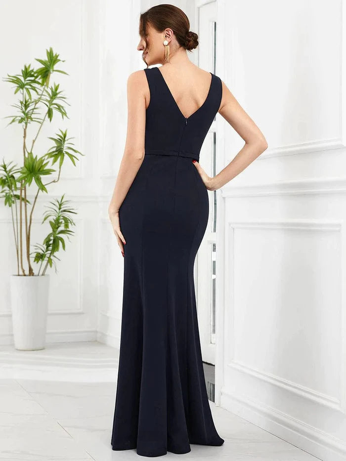 V-Neck Beaded Sleeveless Column Mother of the Bride Dress