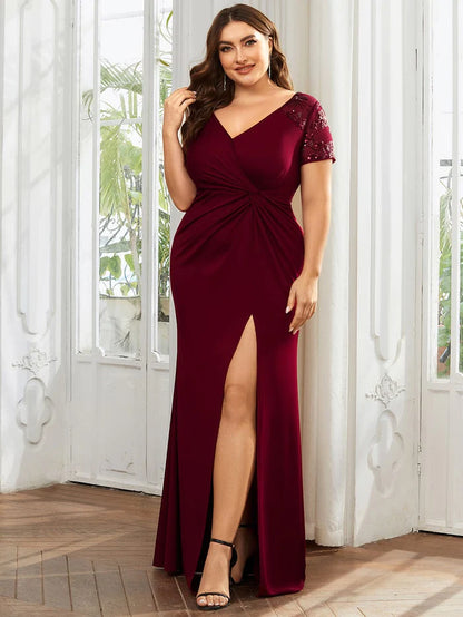 Plus Size Front Slit Short Sleeve With Sequin Formal Evening Dresses