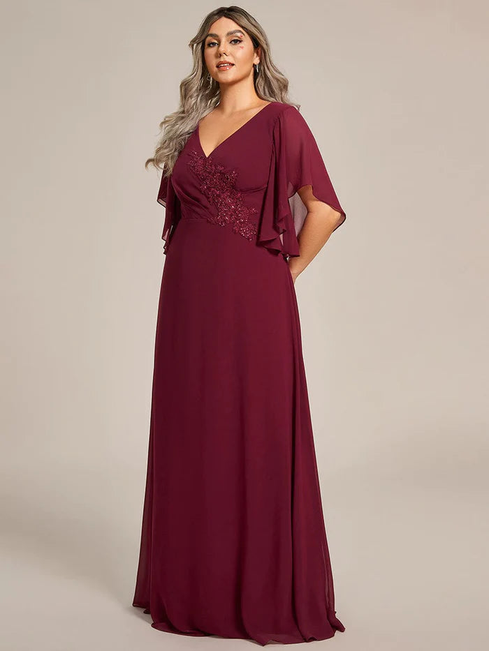 Graceful Plus Size A-line Ruffles Sleeve Chiffon Mother of the Bride Dress with Applique