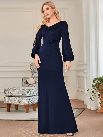 Long Sleeve Cowl Neck Fit and Flare Mother of the Bride Dress