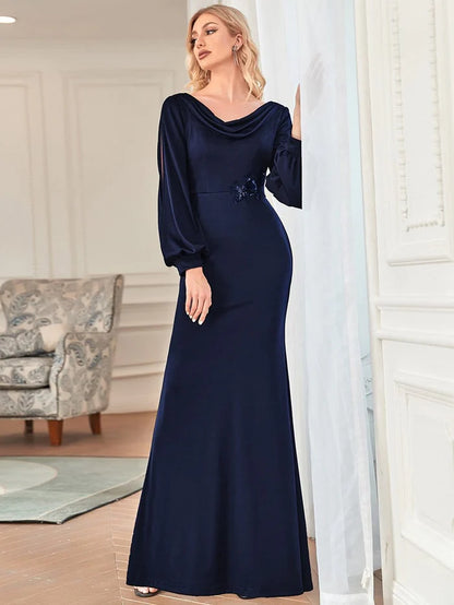 Long Sleeve Cowl Neck Fit and Flare Mother of the Bride Dress