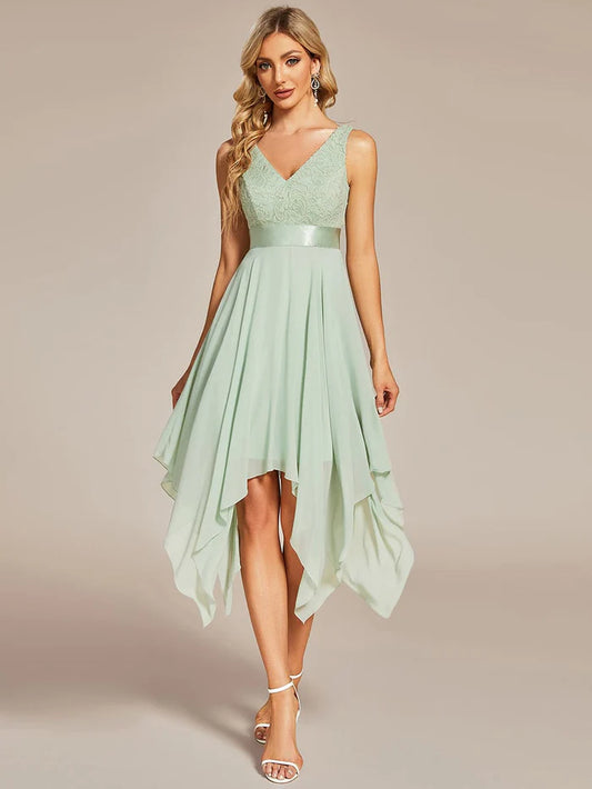 Stunning V Neck Lace Chiffon Bridesmaid Dress