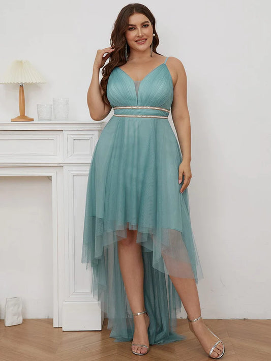 Plus Size Stylish High-Low Tulle Prom Dress with Beaded Belt