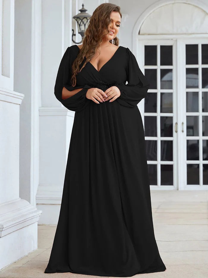 Stylish Chiffon Plus Size Evening Dresses with Long Lantern Sleeves