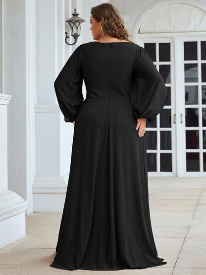 Stylish Chiffon Plus Size Evening Dresses with Long Lantern Sleeves