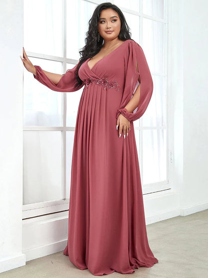 Stylish Plus Size Chiffon Formal Evening Dresses with Long Lantern Sleeves