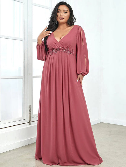 Stylish Plus Size Chiffon Formal Evening Dresses with Long Lantern Sleeves