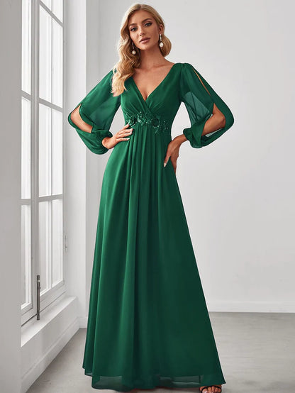 Lantern Long Slit Sleeve Deep V Applique Maxi Evening Dress
