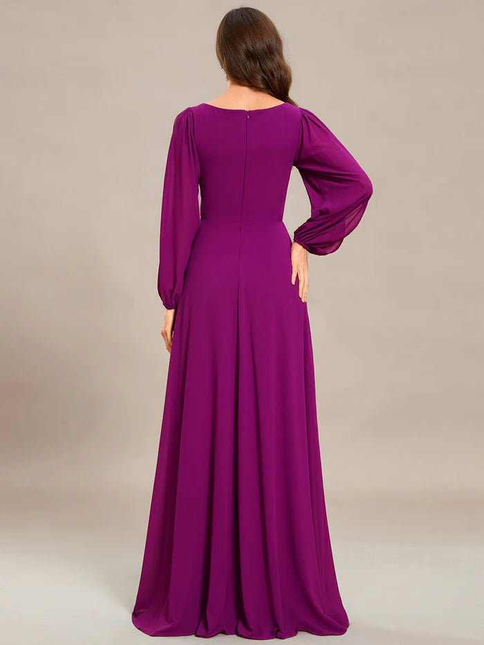 V-Neck Long Sleeve Applique A-Line Chiffon Evening Dress