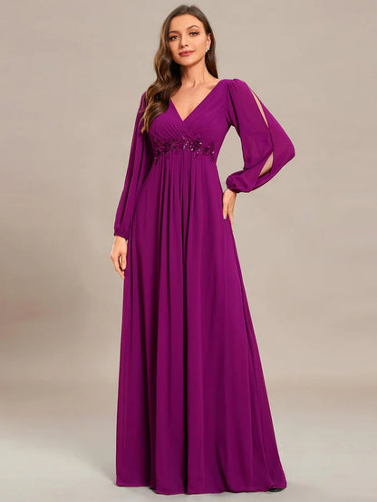 V-Neck Long Sleeve Applique A-Line Chiffon Evening Dress