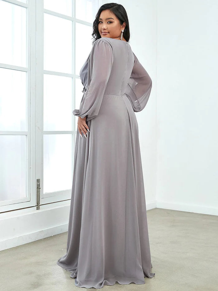 Stylish Plus Size Chiffon Formal Evening Dresses with Long Lantern Sleeves