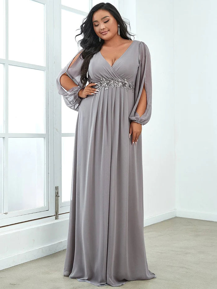 Stylish Plus Size Chiffon Formal Evening Dresses with Long Lantern Sleeves