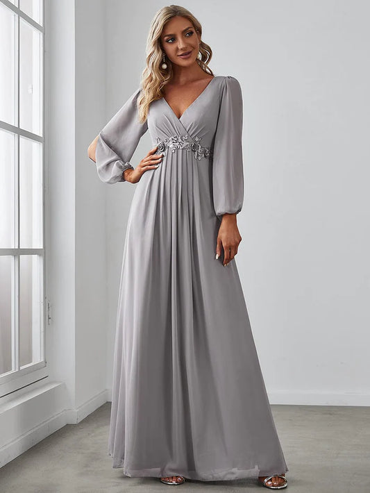 Deep V Neck Long Wedding Guest Dress with Long Sleeves