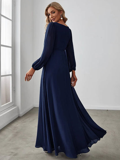 Elegant Chiffon V-Neckline Long Sleeve Formal Evening Dress