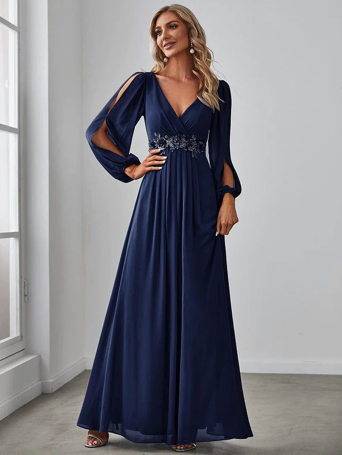 Elegant Chiffon V-Neckline Long Sleeve Formal Evening Dress