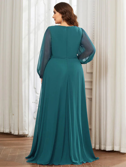 V-Neck Long Sleeve Applique A-Line Chiffon Evening Dress