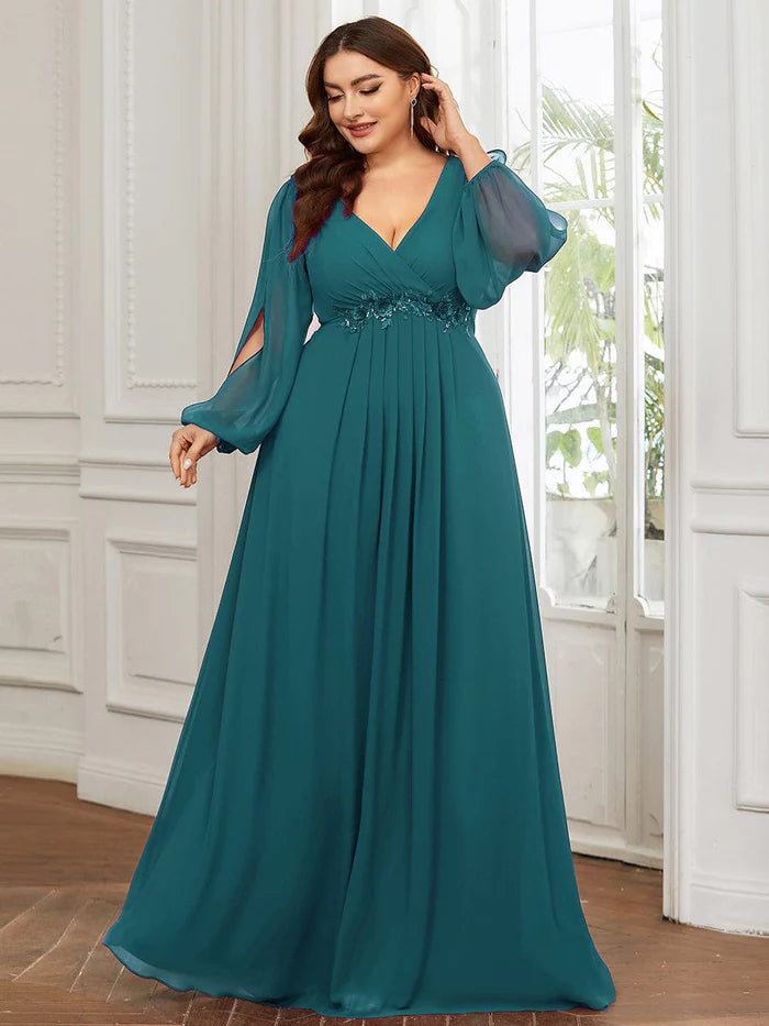 V-Neck Long Sleeve Applique A-Line Chiffon Evening Dress