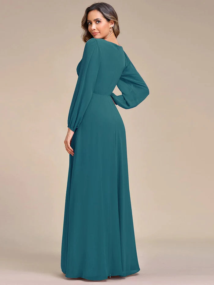 V-Neck Long Sleeve Applique A-Line Chiffon Evening Dress